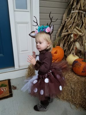 Our toddler girl dressed in her woodland deer costume for Halloween